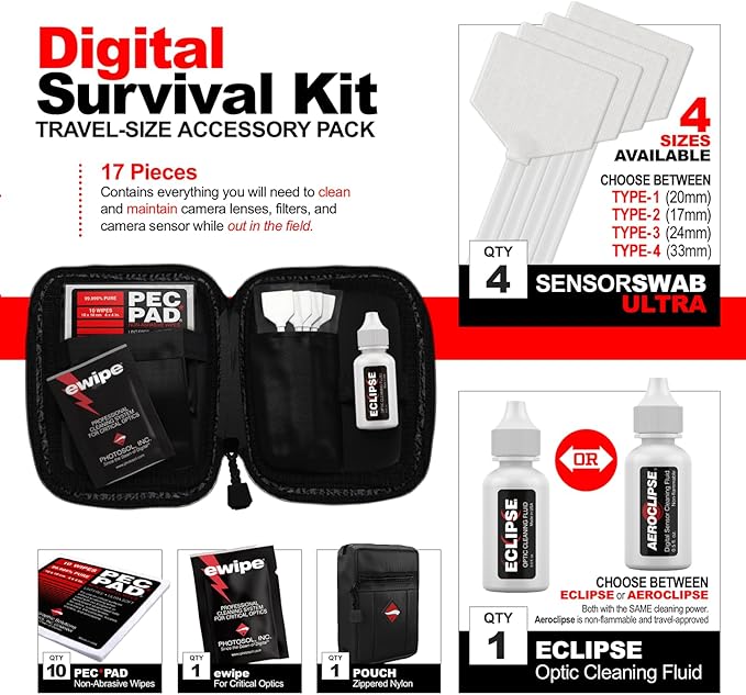 Photographic Solutions Digital Survival Kit - Type-4 (33mm) Sensor Swabs, PEC-PAD Photo Wipes, E-Wipe Packet, Eclipse Optic Cleaning Fluid - Camera Cleaning Kit with Travel Bag