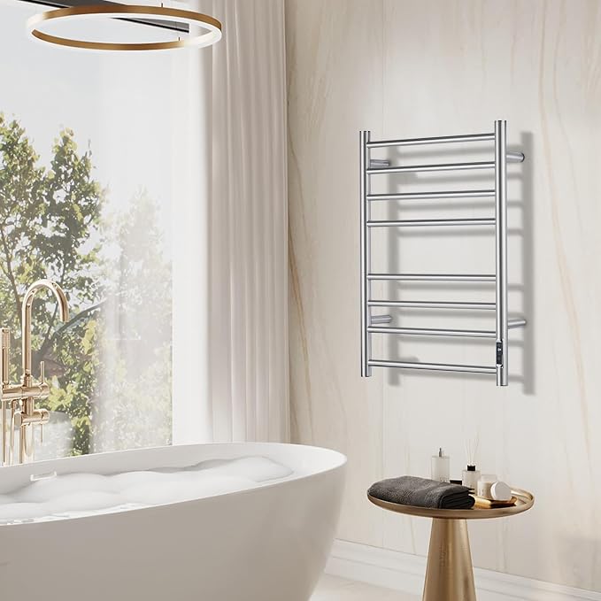 Towel Warmer Bathroom Wall Mounted Drying Rack Plug-in Electric Heated Towel Rack Stainless Steel Brushed Timer & Temperature Control 8 Bar