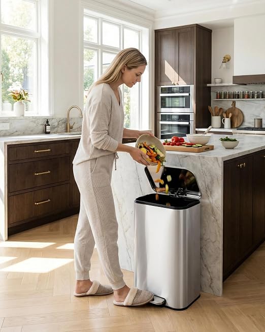 Garvee 13 gal Kitchen Trash Can, Step Garbage Can with Soft-Close Lid, Stainless Steel Recycling Bin with Removable Inner Bucket, Rectangular Waste Container for Living Room, Office, Silver