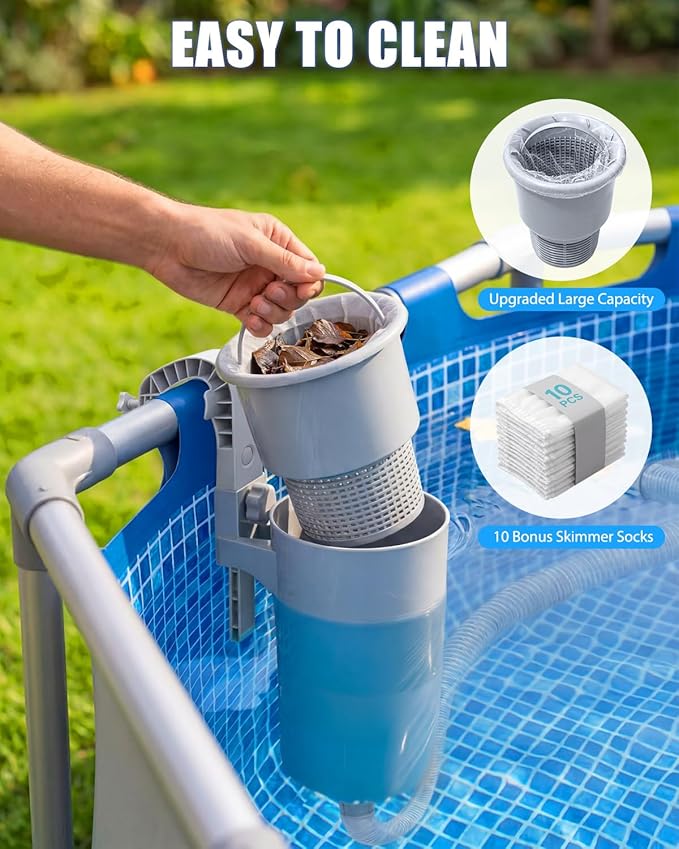 Pool Skimmer, Above Ground Pool Skimmer with 10 Pcs Skimmers Socks, Floating Pools Surface Skimmers Basket, Wall Mount Pools Maintenance Accessories for Inflatable and Metal Frames