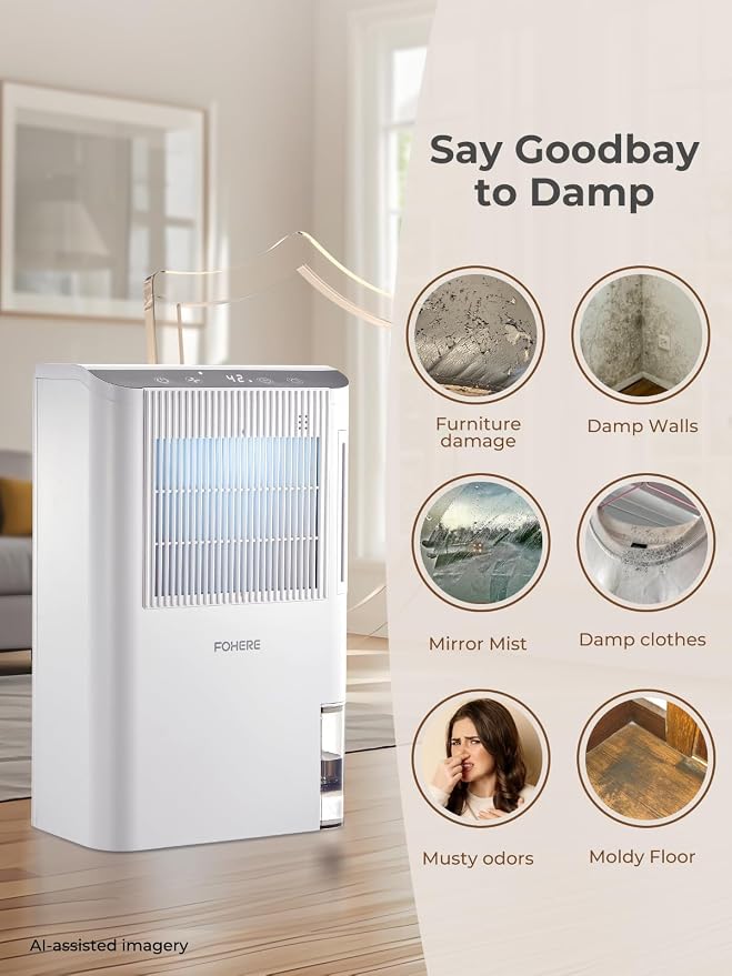 FOHERE Portable Dehumidifier for Home & RV, 85oz Water Tank & Drain Hose, Humidity Display, Sleep Mode, Auto Shut-Off, Compact Moisture Remover for Bathroom Bedroom Closet Laundry Room