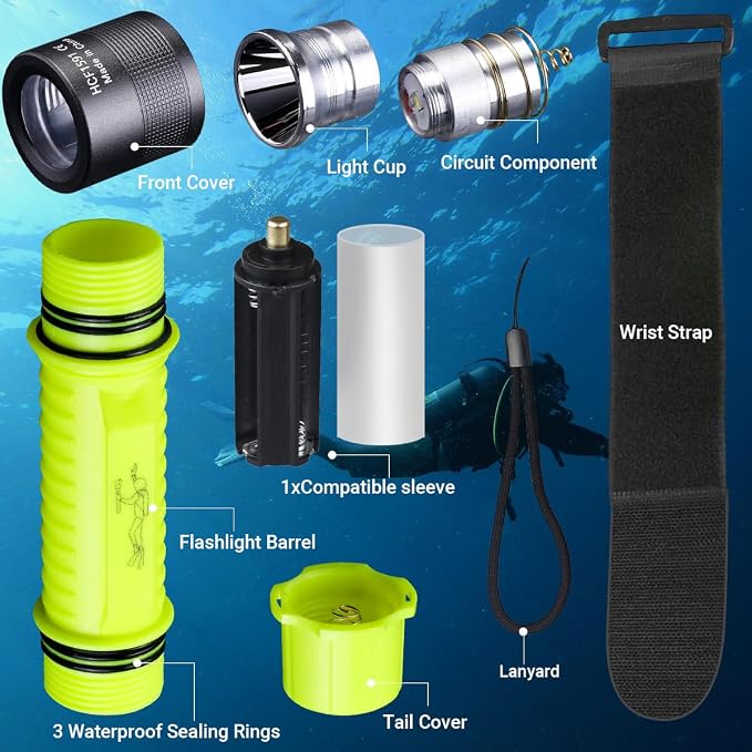 2 Pack IPX8 Waterproof Diving Flashlight Rechargeable Scuba Dive Light with 3 Modes for Scuba Diving, Snorkeling, Fishing, Emergency for Divers, Outdoor Enthusiasts