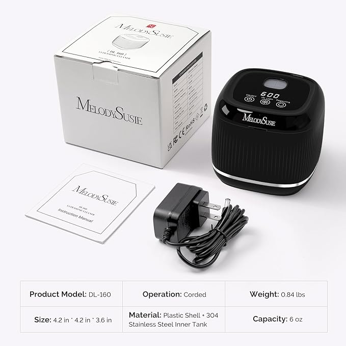 MelodySusie 2 in 1 Nail Tool Cleaning Machine, 3 Timers Mode for Nail Drill Bits, Nail Art Brush, Nail Clipper, Jewelry Cleaning, Salon & Home Use,Black,DL-160