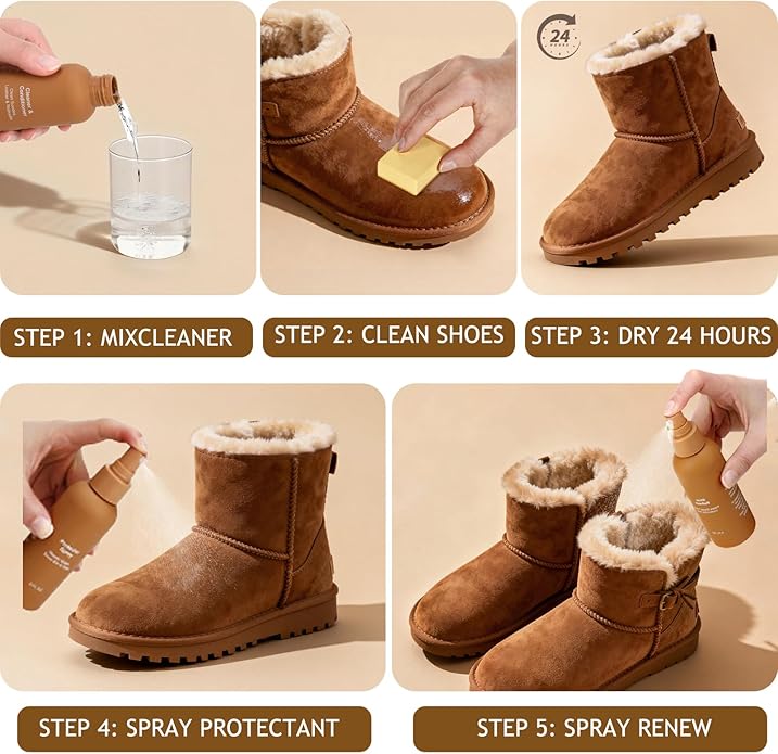 Sheepskin Suede Cleaner Kit with Waterproof Protector Spray for Suede Nubuck Boots Shoes, Cleaning Care Set Includes Cleaner Conditioner Deodorizer Brush Eraser