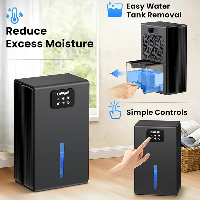 Dehumidifier, 1000 sq.ft Quiet Dehumidifiers for Home Bedroom Basement Bathroom with 95oz Water Tank, Auto Shut-Off, Sleep Mode 7 Colors LED Light, Grey