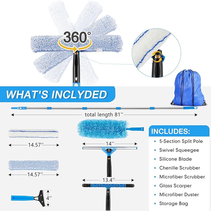 75" Window Squeegee Cleaner Kit with Extension Pole, 360° Rotating Streak-Free Glass Cleaner for High Windows, Shower Doors & Solar Panels – Professional All-in-One Window Cleaning Tools Set