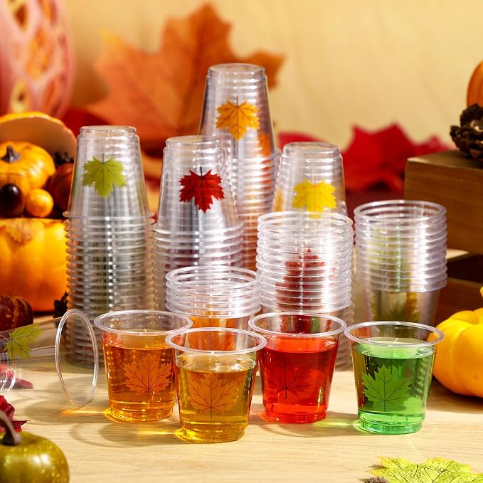 300 Pack 3 oz Thanksgiving Plastic Shot Glasses Thanksgiving Disposable Shot Cups Bulk Clear Mini Maple Leaf Tasting Cups for Autumn Fall Whiskey Party Favors Drinking Supplies