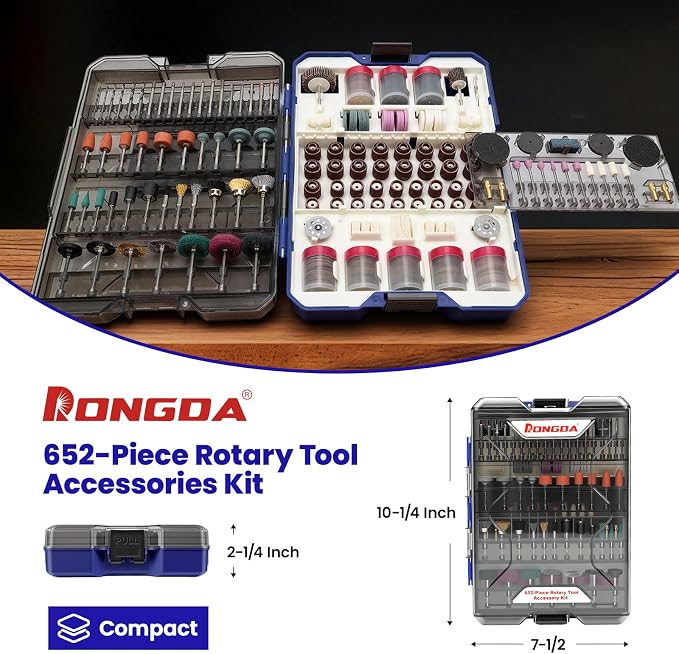 652-Piece Rotary Tool Accessory Kit, Dremel Compatible, Includes Grinding, Sanding, Cutting, Drilling, Cleaning, Polishing, Carving Bits & Attachments for DIY Enthusiasts