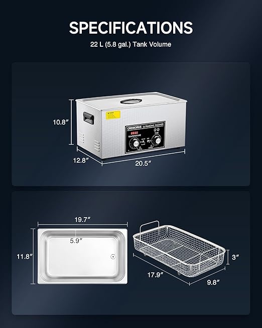 CREWORKS 22L Ultrasonic Cleaner with Heater and Timer, 480W Stainless Steel Ultrasonic Cleaner Machine with Degas & Gentle Modes, Ultrasonic Parts Cleaner with Knob Control for Machine Part Auto Tool