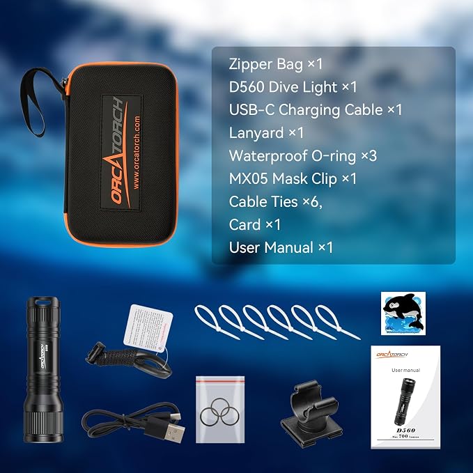 ORCATORCH D560 Mini Scuba Dive Light Headlamp 650 Lumen Mask Diving Flashlight with 360° Rotatable Mask Clip, Underwater 150m Backup Headlight with Rotary Switch (Not Included Snorkel Mask) (Black)