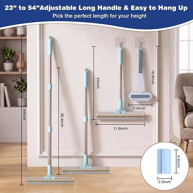 Carpet Rake for Pet Hair Removal: Adjustable 54" Handle No Bending | 3 in 1 Pet Hair Removal Tool Upgraded Silicone Metal Deep Clean Dog Cat Fur Remover Broom Reusable for All Rugs Couch Stairs