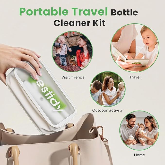 Bestidy Electric Baby Bottle Cleaner Kit for Travel- Rechargeable 360° Rotation Electric Baby Bottle Brush with Replaceable Nipple/Straw Brush, 2-Speed Modes, 50ml Lotion Bottle & Storage Bag