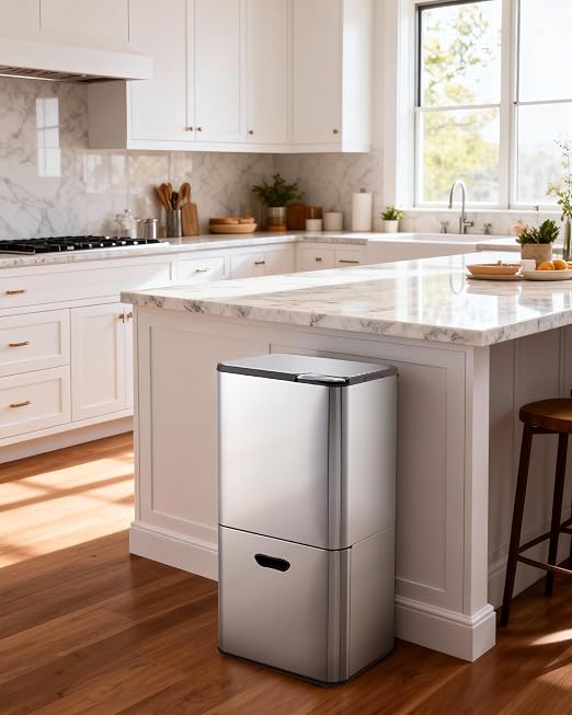 Garvee 16 Gal Dual Trash Can for Kitchen, 2 Compartment (33l + 28l) Garbage Can with Compost Bin, Stainless Steel Trash and Recycle Bin Combo with Removable Inner Bucket, Odor Control, Silver