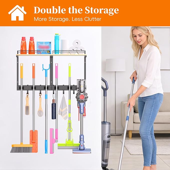 HOOMESUN Broom Holder Wall Mount with Shelf & Guard Rail, Upgraded No-Fall Storage, 120 lbs Heavy Duty Cleaning Organizer, 5 Clamps 4 Hooks, Thick Metal & Wood Rack for Laundry Room Garage