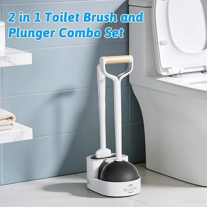 Sellemer 2 in 1 Toilet Brush and Plunger Set, Curved Design Head for Deep Clean, Heavy Duty Toilet Bowl Brush and Plunger Combo with Holder for Bathroom,White, 2 Pack