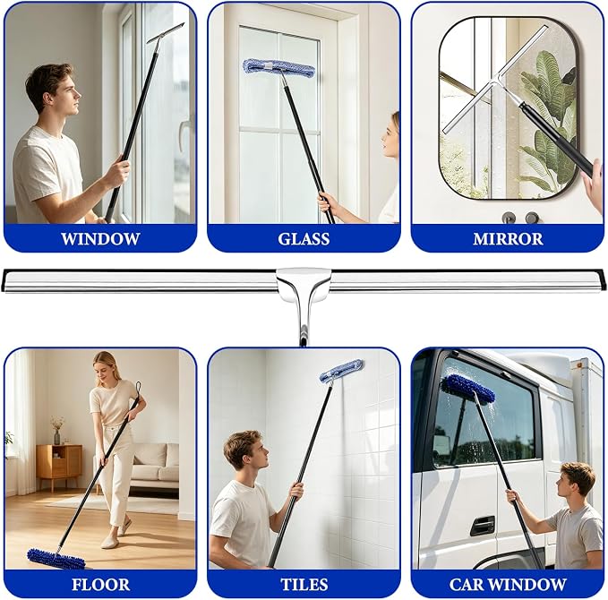 Shower Squeegee for Glass Doors, 2-in-1 Professional Window Cleaner Tool with Extension Pole, 14" Wide Window Washing Equipment for High Outside Glass, Solar Panels, Shower & Car Windshield