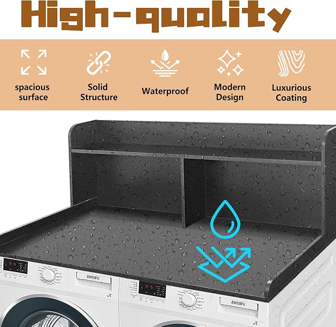 Royxen Washer Dryer Countertop with Extra Tall Shelf, 19" Height Washer and Dryer Topper, Laundry Countertop with Non-Slip Pads, Universal Fit for Laundry Room Organization, Black