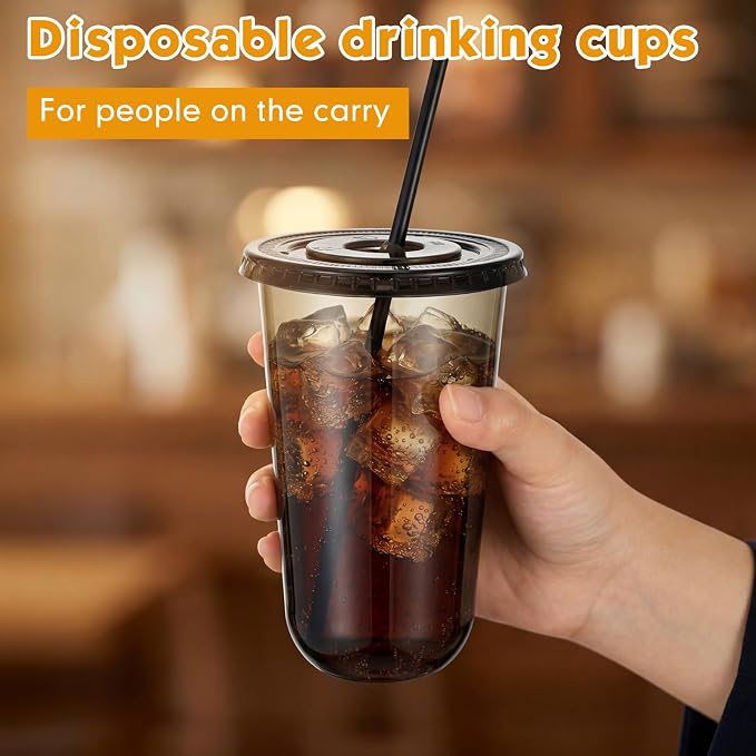 Ziliny 25 Set Black Plastic Cups with Lids and Straws, Disposable Iced Coffee PET Cups for Drinking Cold Beverage Juice Parfait Smoothie Milkshake Coffee Shops Party Supplies (18 oz)