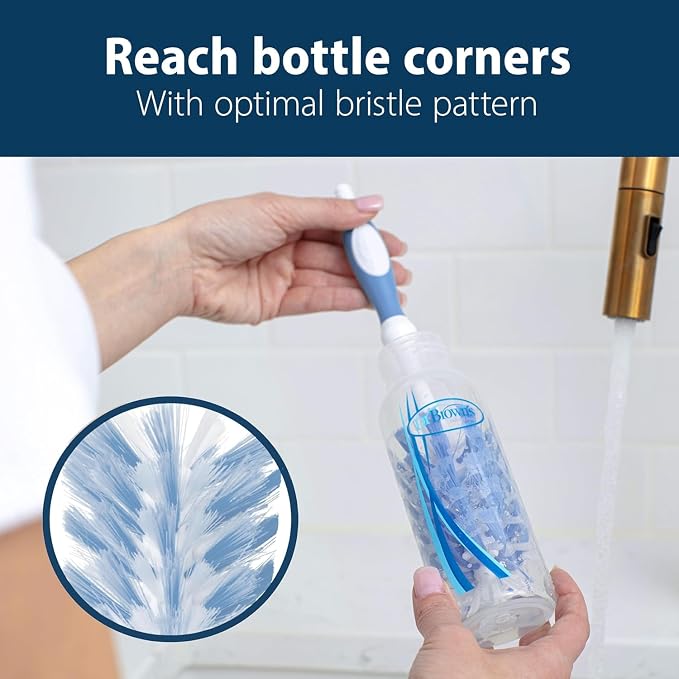Dr. Brown's Deluxe Bottle Brush for Cleaning Baby Bottles, Nipples, and Sippy Cups with Suction Cup Stand and Vent Brush, BPA-Free, Blue, 3-Pack