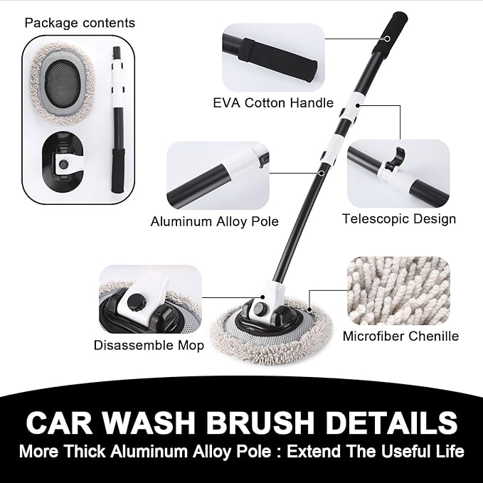 15° Curved Car Wash Brush with 43" Telescopic Handle – Microfiber Chenille Car Wash Mop for RV, SUV, Truck & Boat – Soft, Scratch-Free Extendable Cleaning Tool (White&Black)