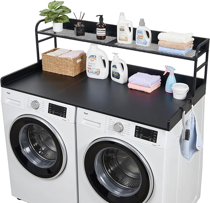 VEVOR Washer Dryer Countertop with Shelf, 54 x 27 in Wooden Washer and Dryer Topper with Shelf and 2 Hooks, Laundry Machine Topper for Laundry Closet Pantry Counter Organization and Storage, Black
