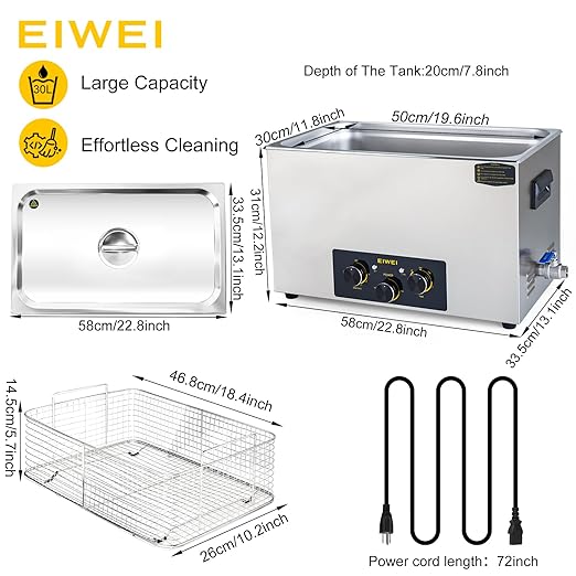 30L Ultrasonic Cleaner Professional Power-Adjustable Knob Jewelry Cleaning Machine with Heater Timer for Carburetor, Jewelry, Glasses, Dentures, Circuit Boards, Automotive Parts