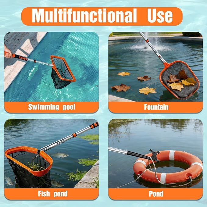 LAANPOLE 4-in-1 Pool Skimmer Net with Pole, Heavy Duty Pool Net and Fine Mesh Leaf Skimmer Net for Above Ground Pool, 12FT Telescopic Pool Pole with Professional Pool Net and Pool Hook for Cleaning