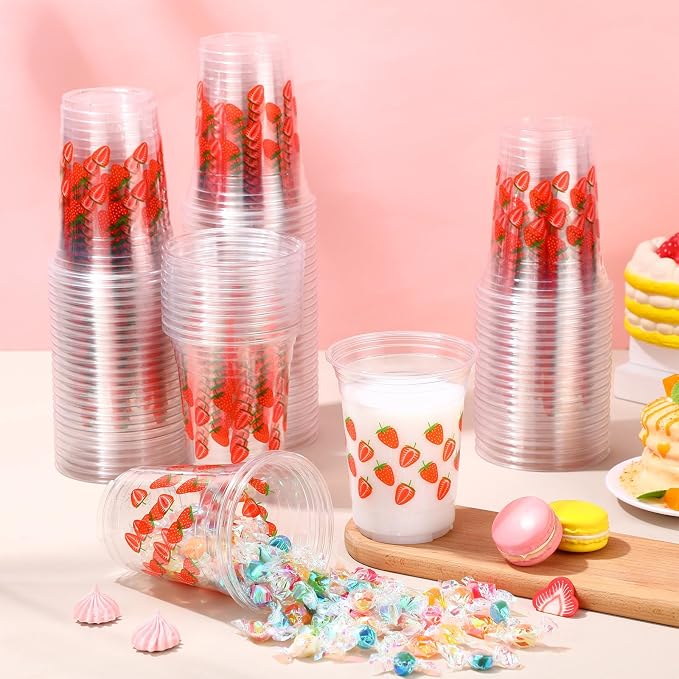 Jingmore 100 Pcs Strawberry Disposable Cups 16 oz Clear Plastic Drinking Cups Bulk for Spring Summer Holiday Birthday Wedding Juice Hot Cold Drinks Party Supplies(Strawberry)