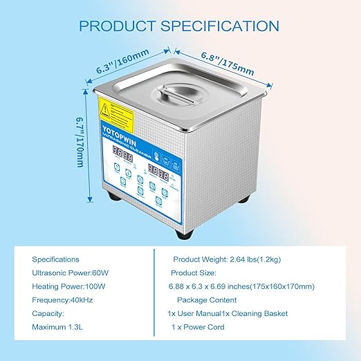 Professional Stainless Steel Heated Ultrasonic Cleaner Machine for Jewelry Glasses Watch Straps Dentures Carburetor Circuit Board Mouth Guard Precision Small Parts Cleaning Equipment (1.3L)