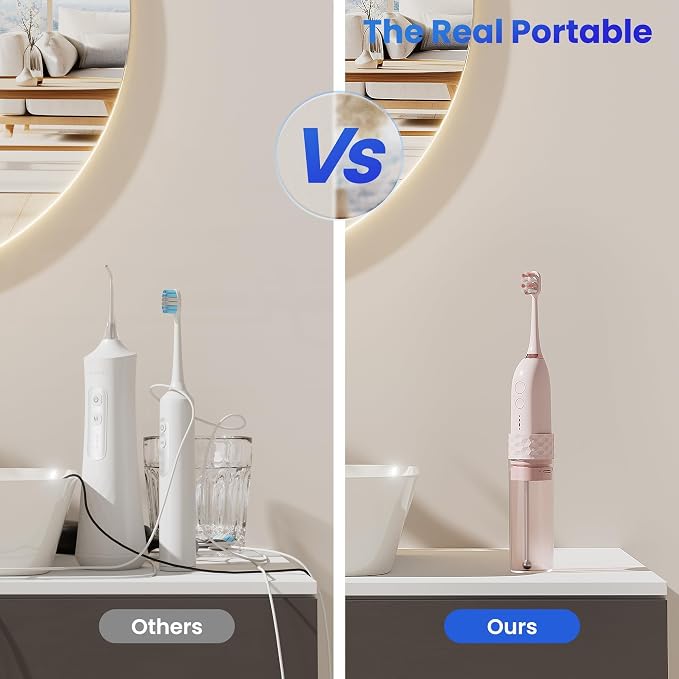 Electric Toothbrush with Water flosser, 2 in 1 Teeth Cleaning Kit, Toothbrush and Water flosser Combo, Travel Toothbrush with Water Bottle(Pink)