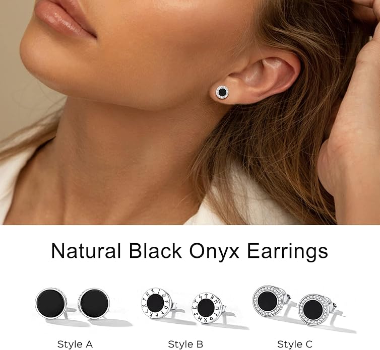 ChicSilver 925 Sterling Silver Viking Rune Natural Black Onyx Stud Earrings For Women Men