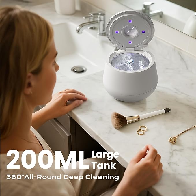 45kHz Ultrasonic Retainer Cleaner, 200ML Dental Cleaning Pod for Dentures, Mouth Guards, Braces, Aligner, Toothbrush Jewelry and More, UV Denture Cleaner with 4 Modes & Digital Timer - White