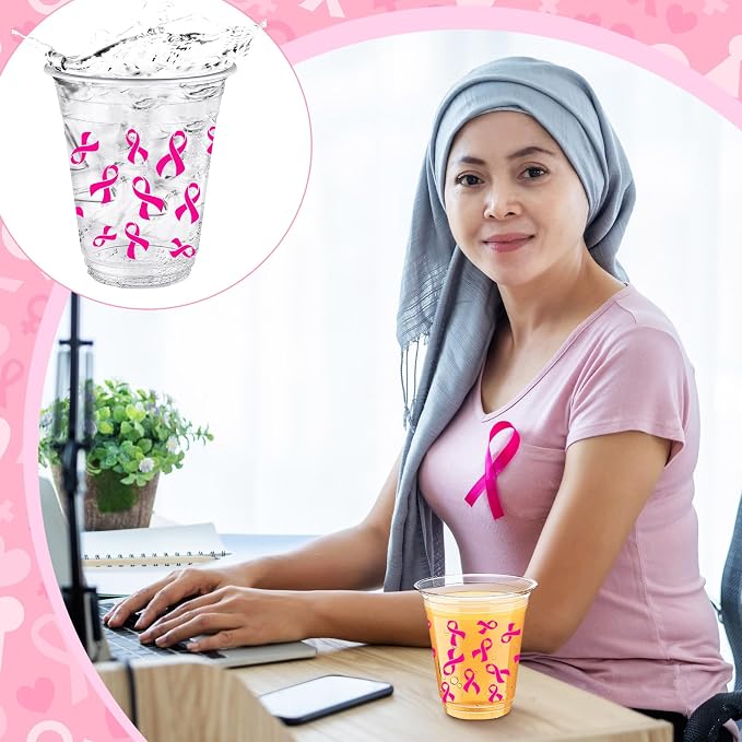 Uiifan 50 Pcs Breast Cancer Awareness Cups Bulk 12 oz Pink Ribbon Disposable Plastic Cups Breast Cancer Awareness Accessories for Charity Event Women Party Supplies Cold Beverage Drinking Tumblers