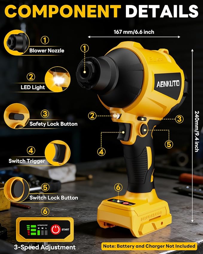 Cordless Compressed Air Duster & Blower Compatible with DeWalt 20V MAX Battery, Brushless Handheld Sawdust Blower, 3-Speed Control, LED Light, Portable Inflatable Pump for Camping (No Battery)