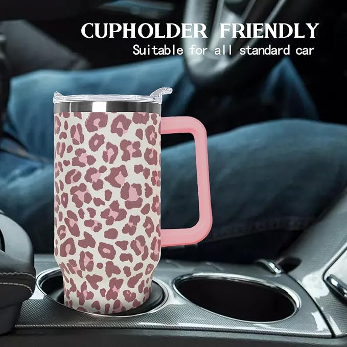 Ceovfoi 40oz Pink Leopard Tumbler with Handle Lid Straw, Insulated Coffee Mug Water Bottle, Leopard Print Decor Gifts for Women