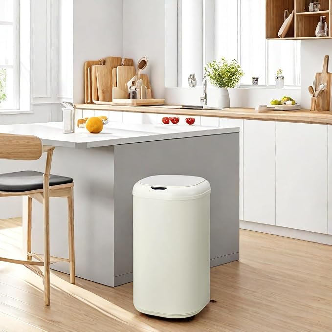 Takywep Stainless Steel 8 Gallon Automatic Trash Can with Lid, 30 Liter Touchless Motion Sensor Kitchen Garbage Can, Smart Cylindrical Trash Can for Home Bathroom Living Room Office, Cream White