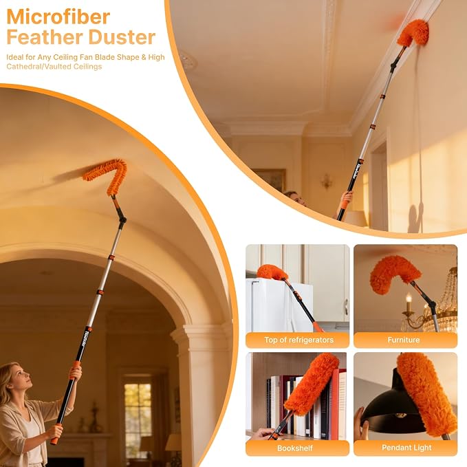20ft Light Bulb Changer & High Ceiling Duster Kit, 4-12ft Extension Pole | 9Pcs High Duster Kit - Heavy Duty Extansion Pole, Ceiling Fan Duster, Cobweb & Microfiber Duster, Window Squeegee & Cleaner