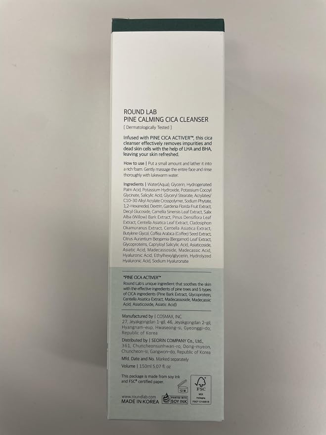 ROUND LAB Pine Calming Cica Cleanser 5.07 Fl Oz – Acne Face Wash with Salicylic Acid, BHA & LHA for Sensitive Skin, Soothing Cica + Hydrating Hyaluronic Acid, Gentle Foaming Cleanser, 150ml