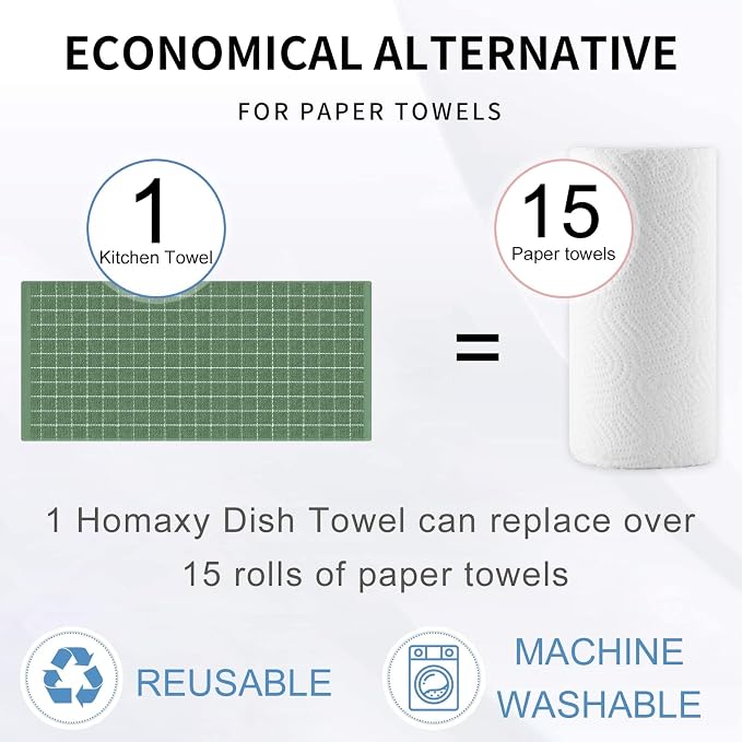 Homaxy Kitchen Towels and Dishcloths Set, 12 x 12 and 13 x 28 Inches, Set of 8 Bulk Cotton Terry Kitchen Towels Set, Checkered Designed, Soft and Super Absorbent Dish Towels, Grass Green