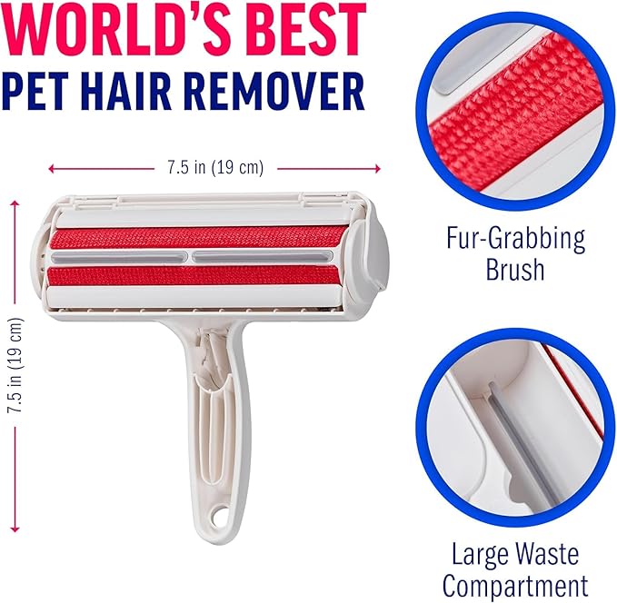 Pet Hair Remover Roller - Reusable Lint Roller for Dog & Cat Hair on Furniture, Couch, Carpet, Clothing - Eco-Friendly Portable Fur Remover Tool - Manual Operation - Plastic - White