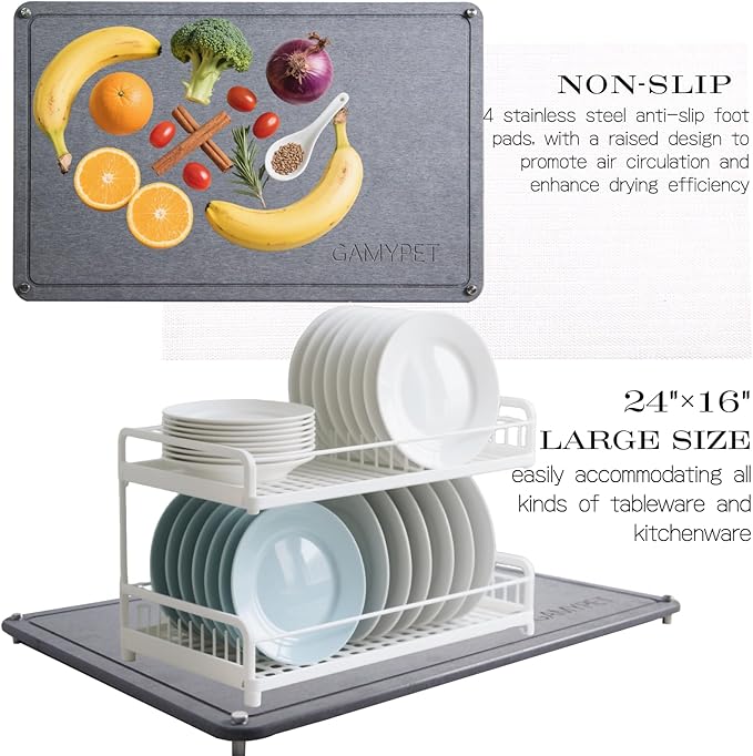Stone Dish Drying Mat 24"×16" Large Diatomaceous Earth Dishes Quick Dry Pad for Kitchen Counter with Heighten Stainless Steel Feet, Fits Various Countertops & Drain Bowl Racks, Dark Gray
