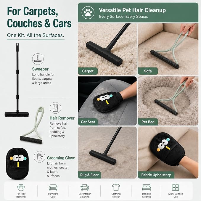 GOOGO Pet Hair Removal Kit, Black Carpet Rake and Scraper | Designed for daily fur pickup on carpets, upholstery, pet beds and car mats, with a long handle rake, scraper and glove.