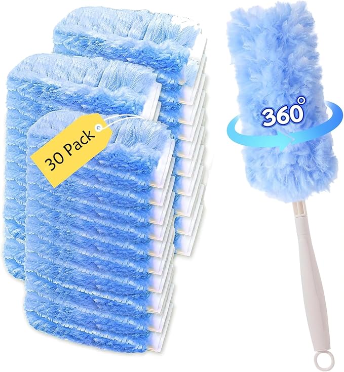 30P Duster Refills Compatible with S wiffer Dusters, Multi Surface 360° Heavy Duty Duster Refills with 4X Fluffy Fiber, Dust Removal Tools Refill Replacenments Cleaning Dusters with Handle - Blue
