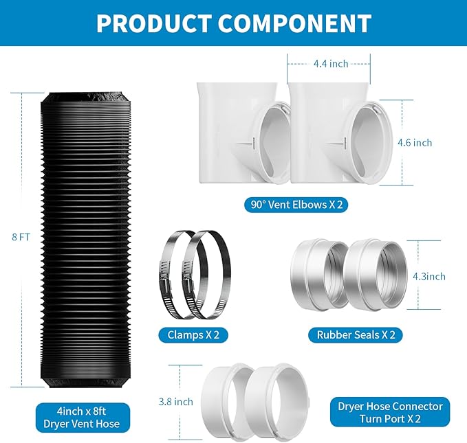 Hon&Guan Dryer Vent Hose for Tight Space 4 Inch, 8Ft Aluminum Exhaust Duct Hose with Dryer 90 Degree Elbow & Rubber Seal Connectors, Crush Proof Space-Saving Dryer Vent Hose for Clothes Dryer