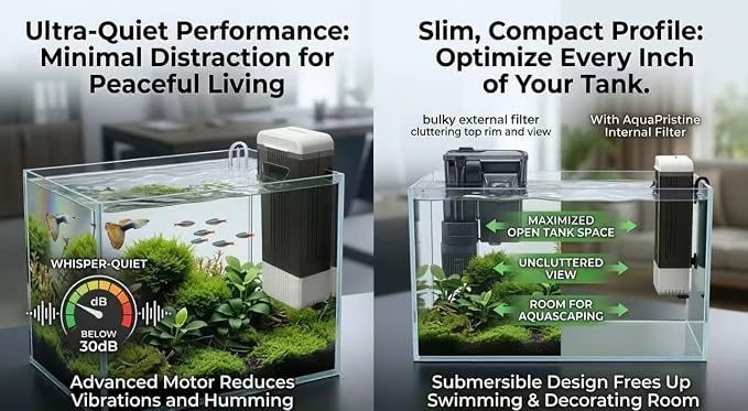 Turtle Tank Filter Aquarium Filter for 10-30 Gal. 66GPH Internal Filter 3-Stage Waterfall Bio-Filtration Low Water Level with U-V Light & Filter Sponge for Green Water