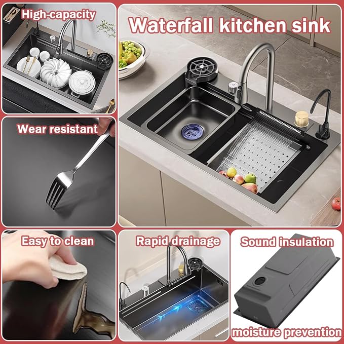 Dark Grey Single Bowl Stainless Steel Waterfall Kitchen Sink with Utility Hot & Cold Pull-Out Faucet,Knob Control Workstation Sink With Cup Washer,Drainage Basket (31.5 * 17.7 * 8.3in)