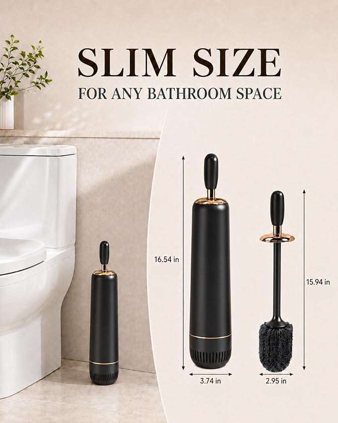 Toilet Brush Set, Dense Nylon Bristles, Wall Mount, Non-Scratch, Black Gold | 16.5" Handle,Splash-Proof,Odor-Locking Lid ,Ventilated Base,Hideaway Brush Head,Thick ABS,2 Adhesive