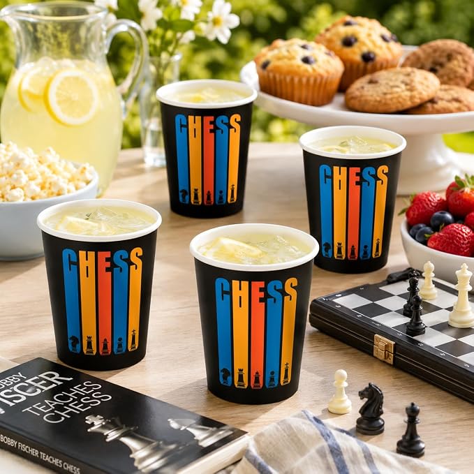50 Pcs 9oz Chess Party Cups Birthday Decorations Disposable Paper Cup Jam Party Supplies Table Decorations Drinking for Birthday Party Favors