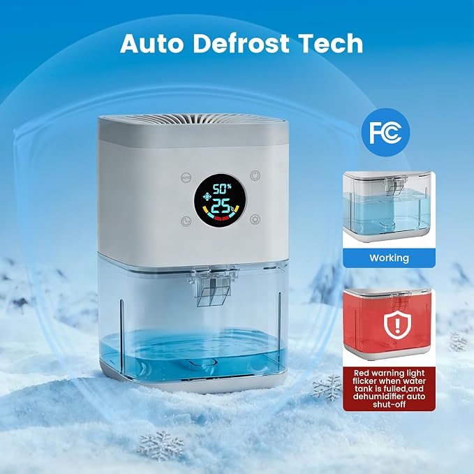 Small Dehumidifier for Bedroom β 63oz 35dB Quiet Auto Dehumidify (60/70%) & Continuous Mode for Bathroom Closet RV, Auto Defrost & Auto Shut-Off, 7-Color Flowing Night Light & Timer, Portable β White