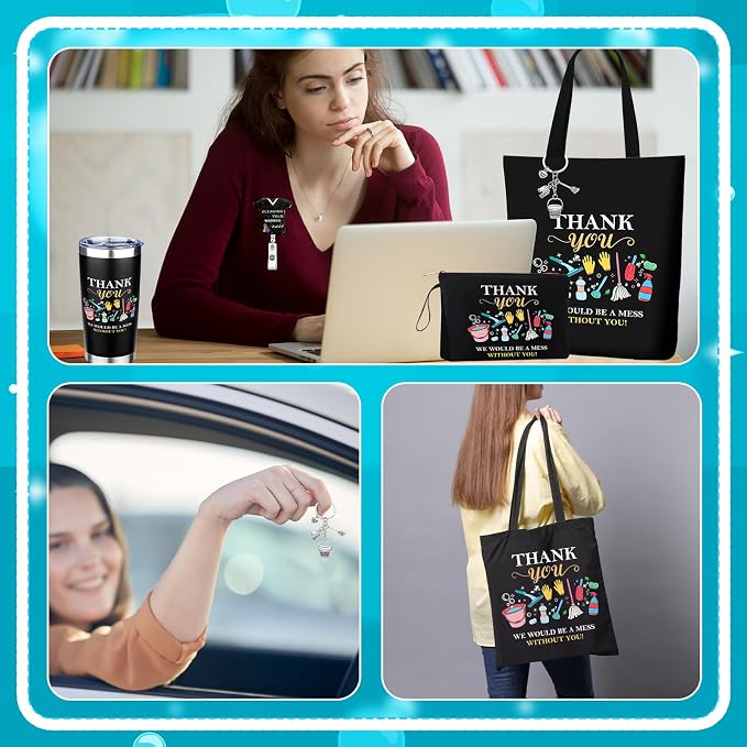5 Pcs Housekeeping Appreciation Gifts for Women Include 20oz Tumbler Mug Canvas Bag Cosmetic Bag Keychains Badge Holder Housekeeping Week Gifts for Cleaning Lady Housekeepers